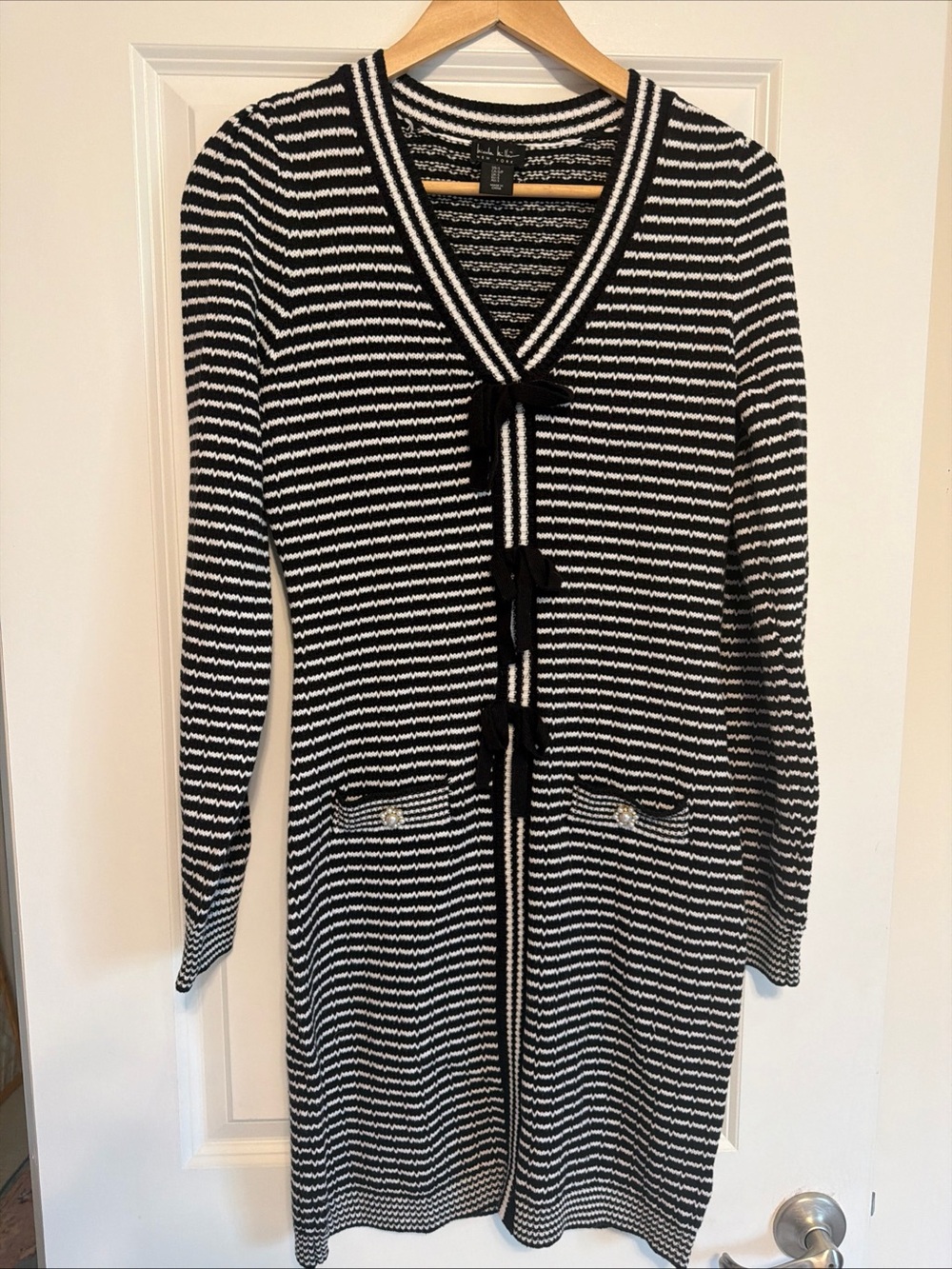 Nicole Miller Black and White Striped Knit Midi Sweater Dress Bows & Pearls